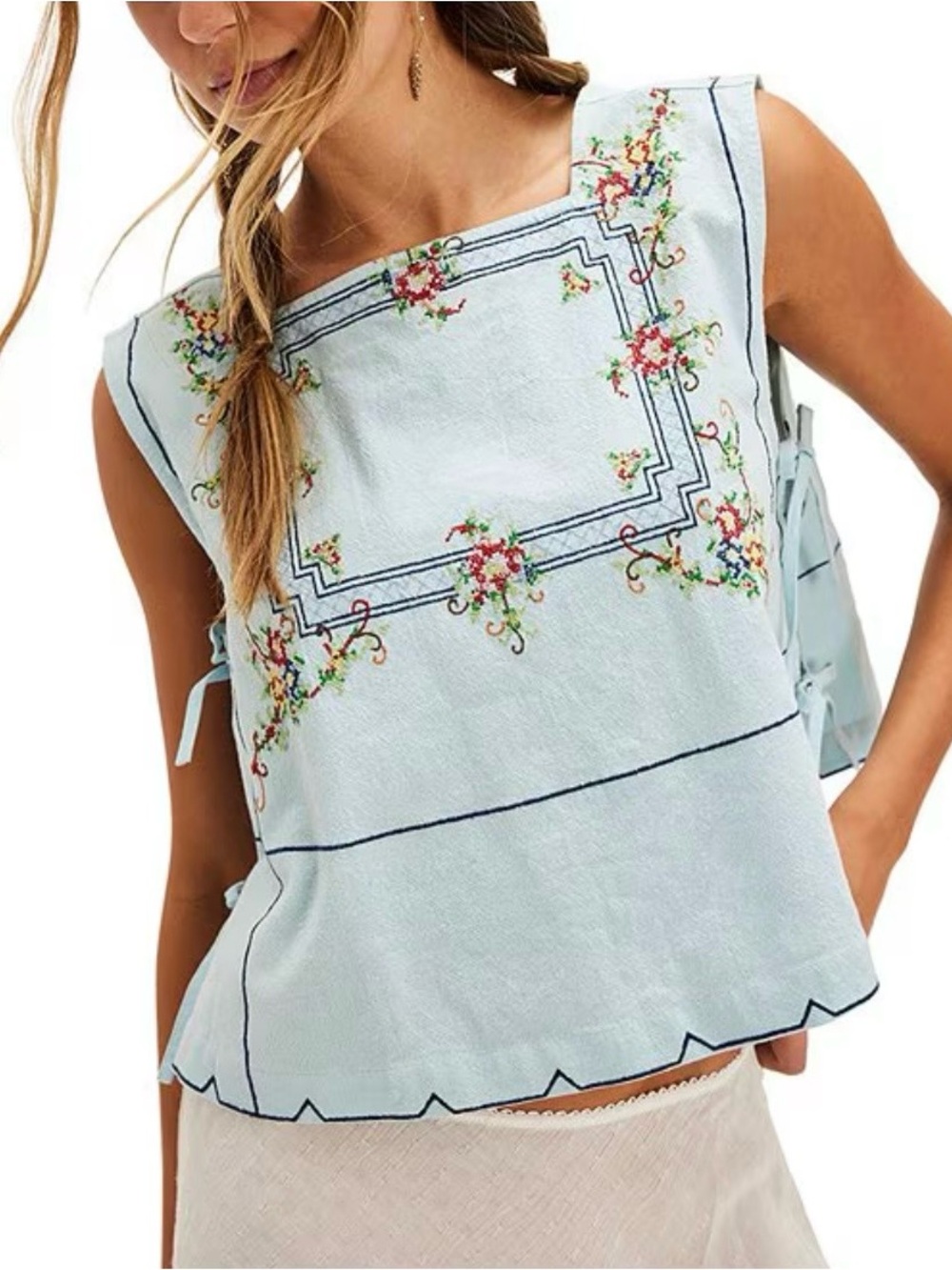 Free People Light Blue Embroidered Floral Tank Top - Picture 5 of 9